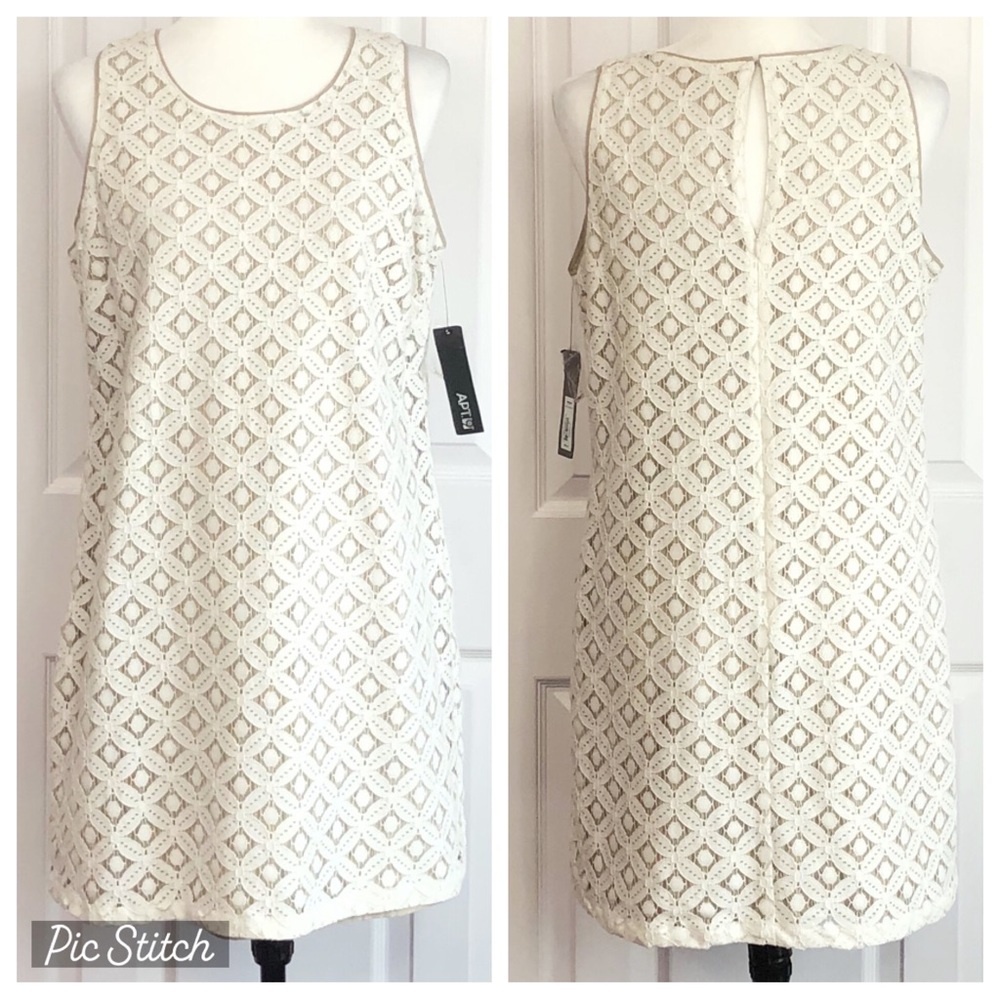 NWT Apt. 9 Ivory White & Tan Lace Sleeveless Mini Shift Dress PL